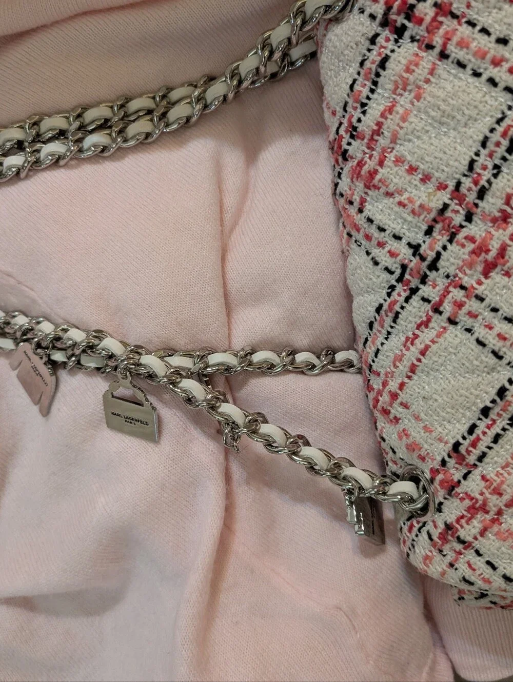 Karl Lagerfeld Pink Tweed  two Way Chain Shoulder Bag with Charms